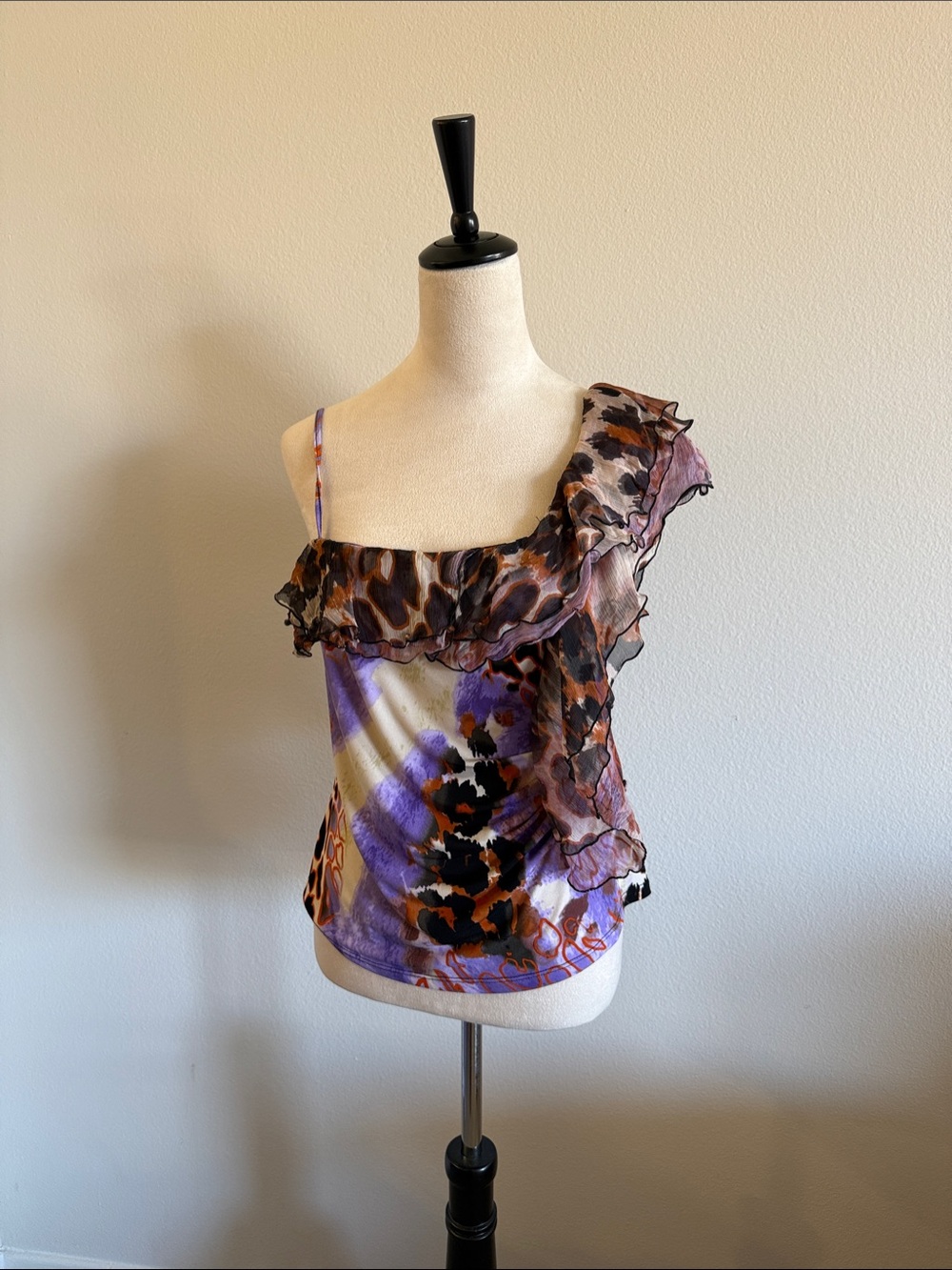 Orna Farho Floral Ruffle One-Shoulder Women's Top in Purple and Brown